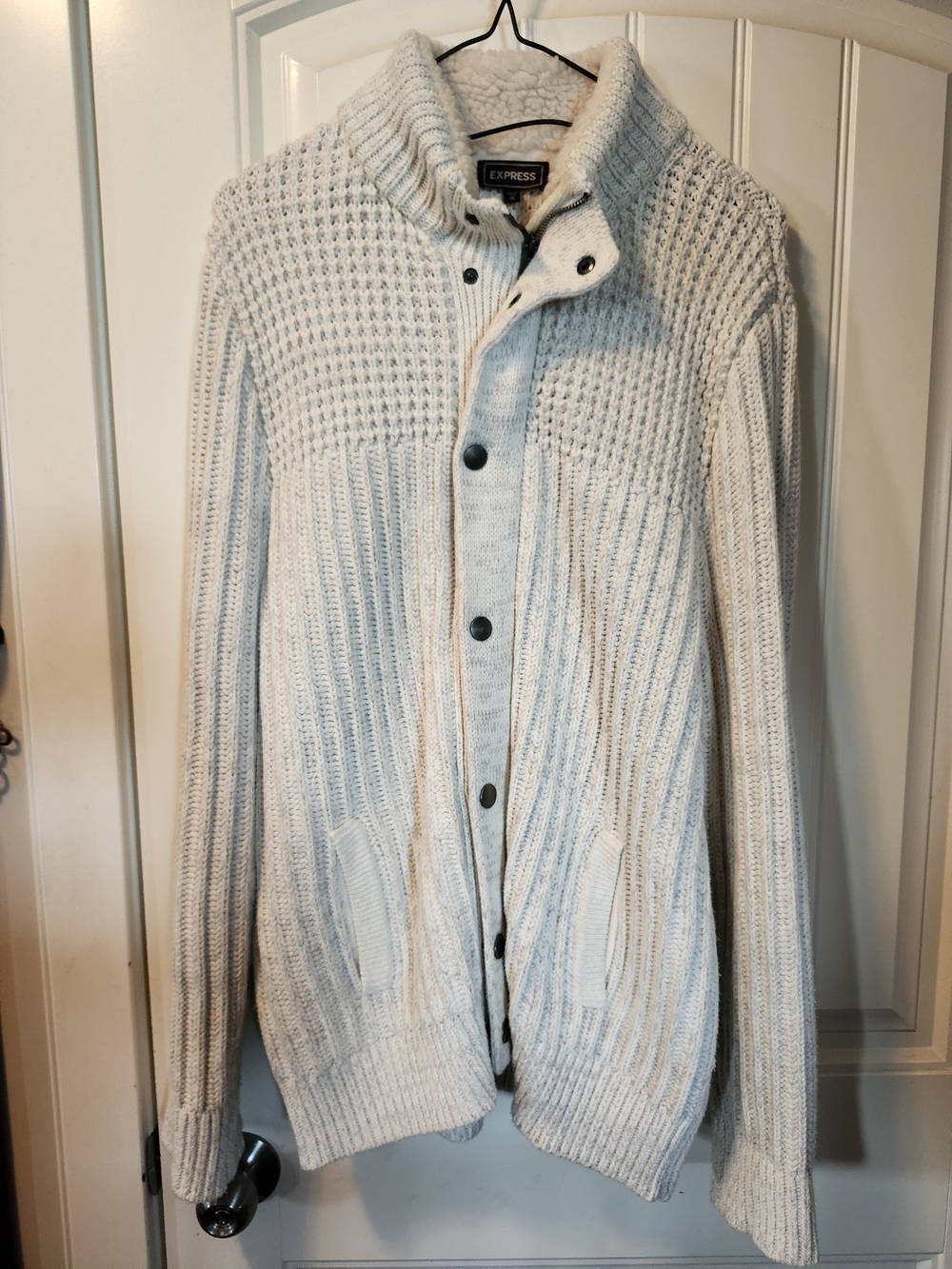Express Men’s Cream Zip & Snap Shawl Collar Sweater